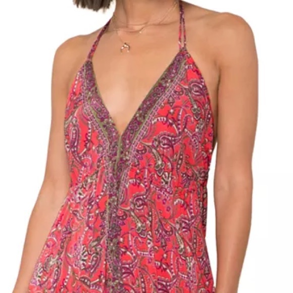 Anthropologie RAGA Open Back Maxi Dress Halter Top Red Paisley Ruffle Tassel M - Picture 3 of 8